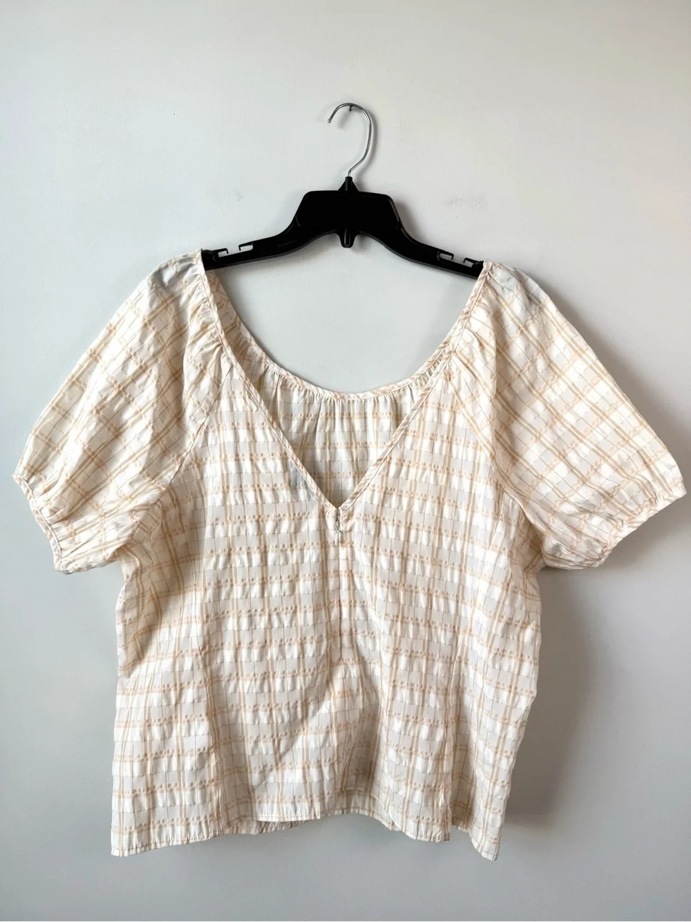 J. Crew Puff Sleeve Top Textured Plaid Beige 16